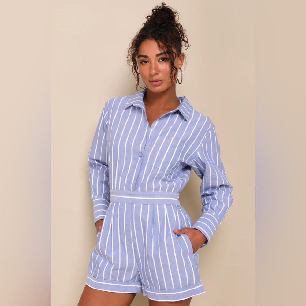 Blue Striped Collared Long Sleeve Romper- Size M